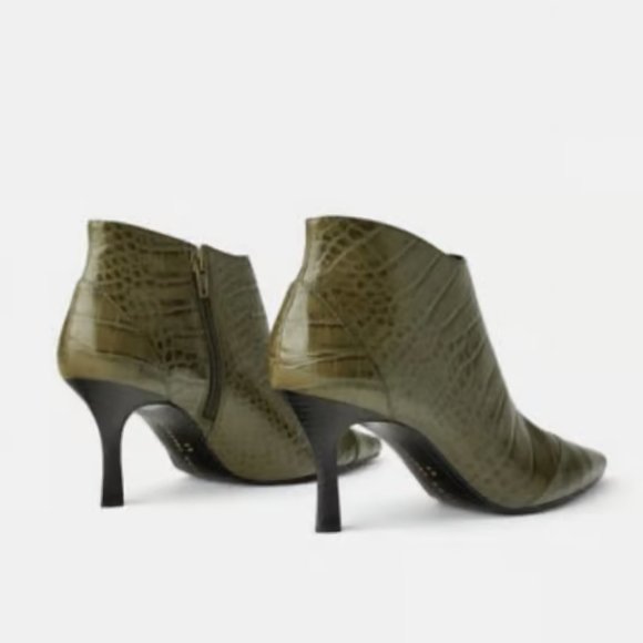 Zara Croc Print Embossed Heeled Olive Green Ankle Boot Booties, Sz EU 37 US 6.5 - Picture 5 of 15